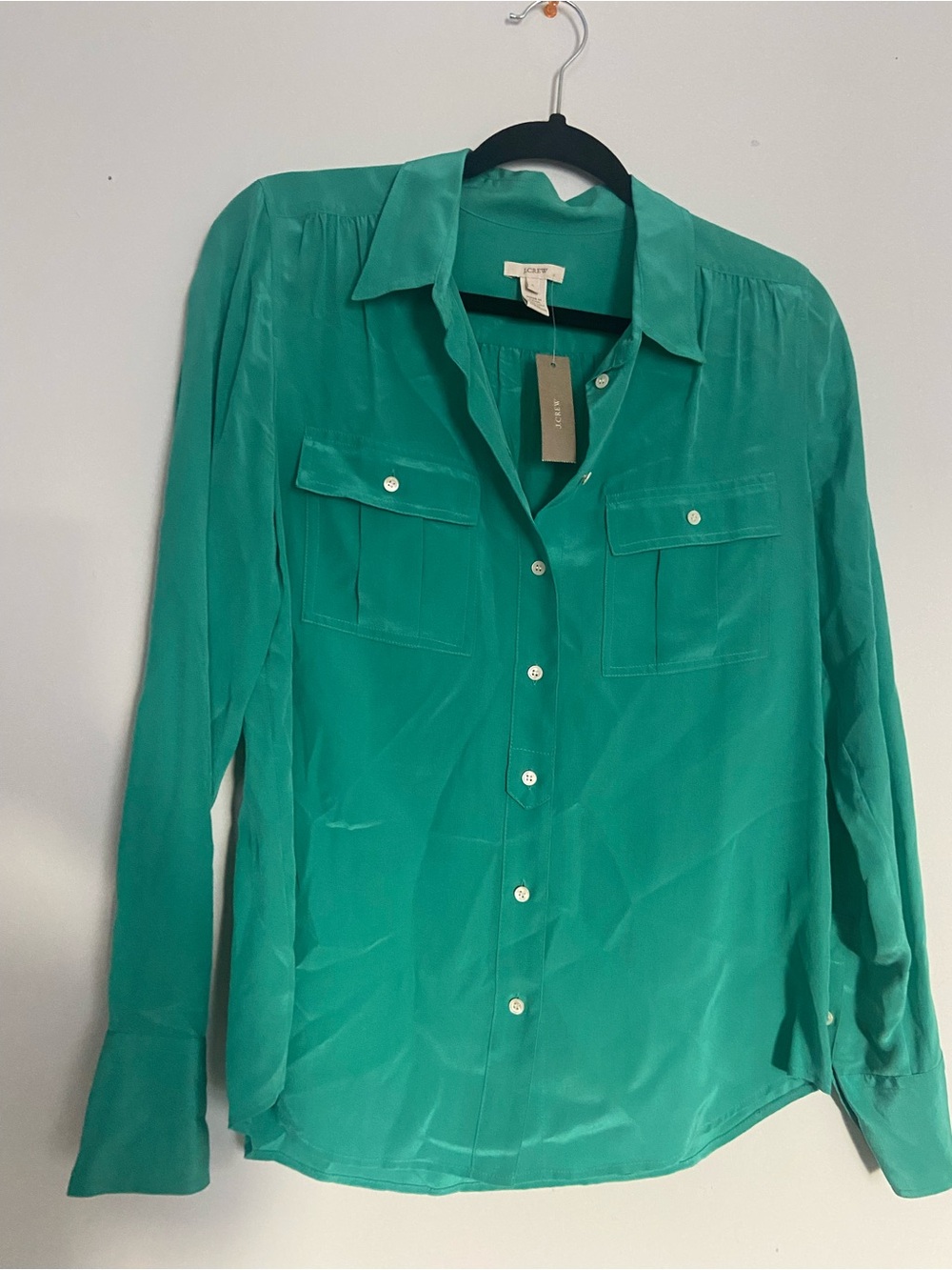 BNWT NEW J.Crew 100% Silk Teal Green Button Down Shirt Top Blouse US Sz 6!